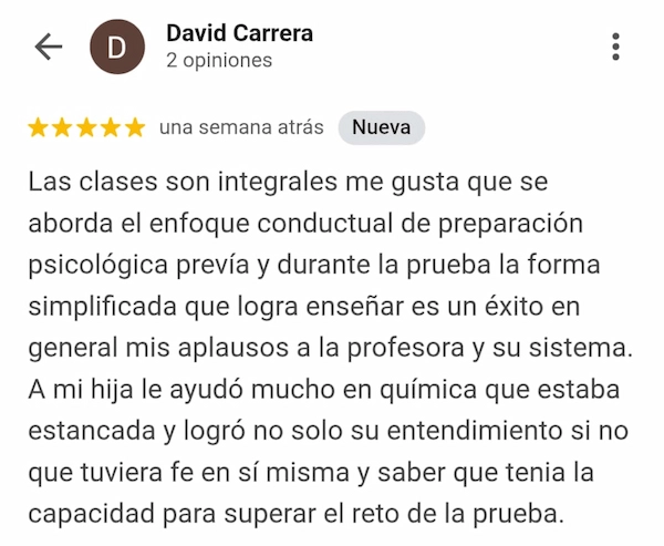 Reseña de estudiante en curso de nivelación de química